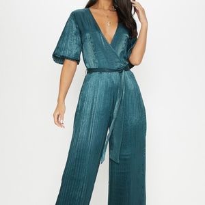 Emerald Green Satin Pleated Wide Leg Jumpsuit